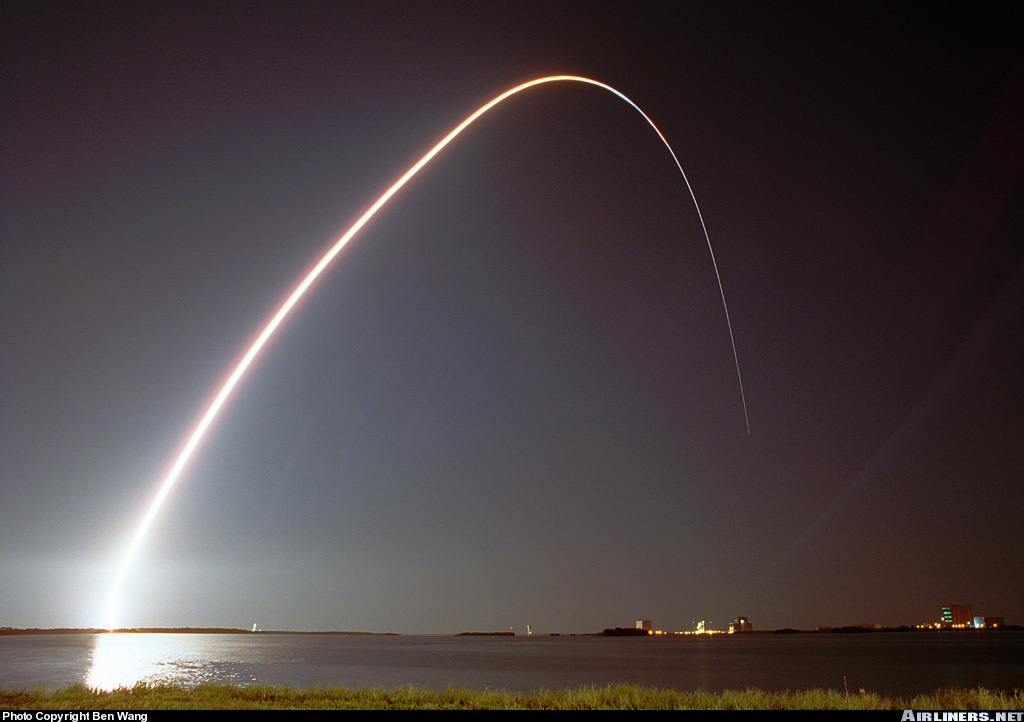long exposure shuttle lifting off at night
